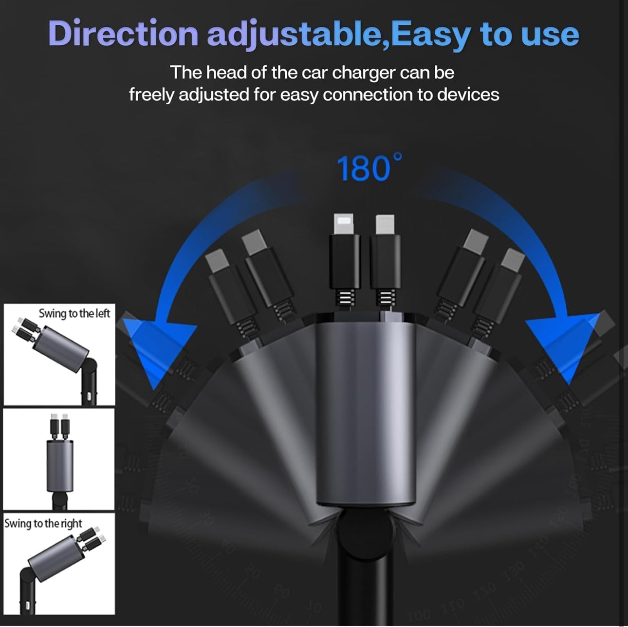 Retractable Car Charger, 100W 4 in 1 Super Fast Charge Car Phone Charger, Retractable Cables (31.5 Inch) and 2 USB Ports Car Adapter for iPhone 15/14/13/12 Pro Max Xr, Ipad, Pixel, Samsung