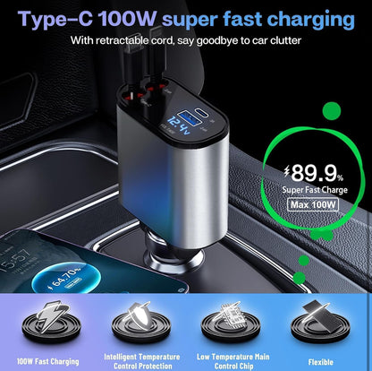 Retractable Car Charger, 100W 4 in 1 Super Fast Charge Car Phone Charger, Retractable Cables (31.5 Inch) and 2 USB Ports Car Adapter for iPhone 15/14/13/12 Pro Max Xr, Ipad, Pixel, Samsung