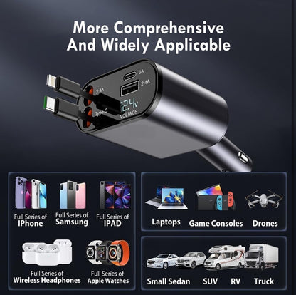 Retractable Car Charger, 100W 4 in 1 Super Fast Charge Car Phone Charger, Retractable Cables (31.5 Inch) and 2 USB Ports Car Adapter for iPhone 15/14/13/12 Pro Max Xr, Ipad, Pixel, Samsung